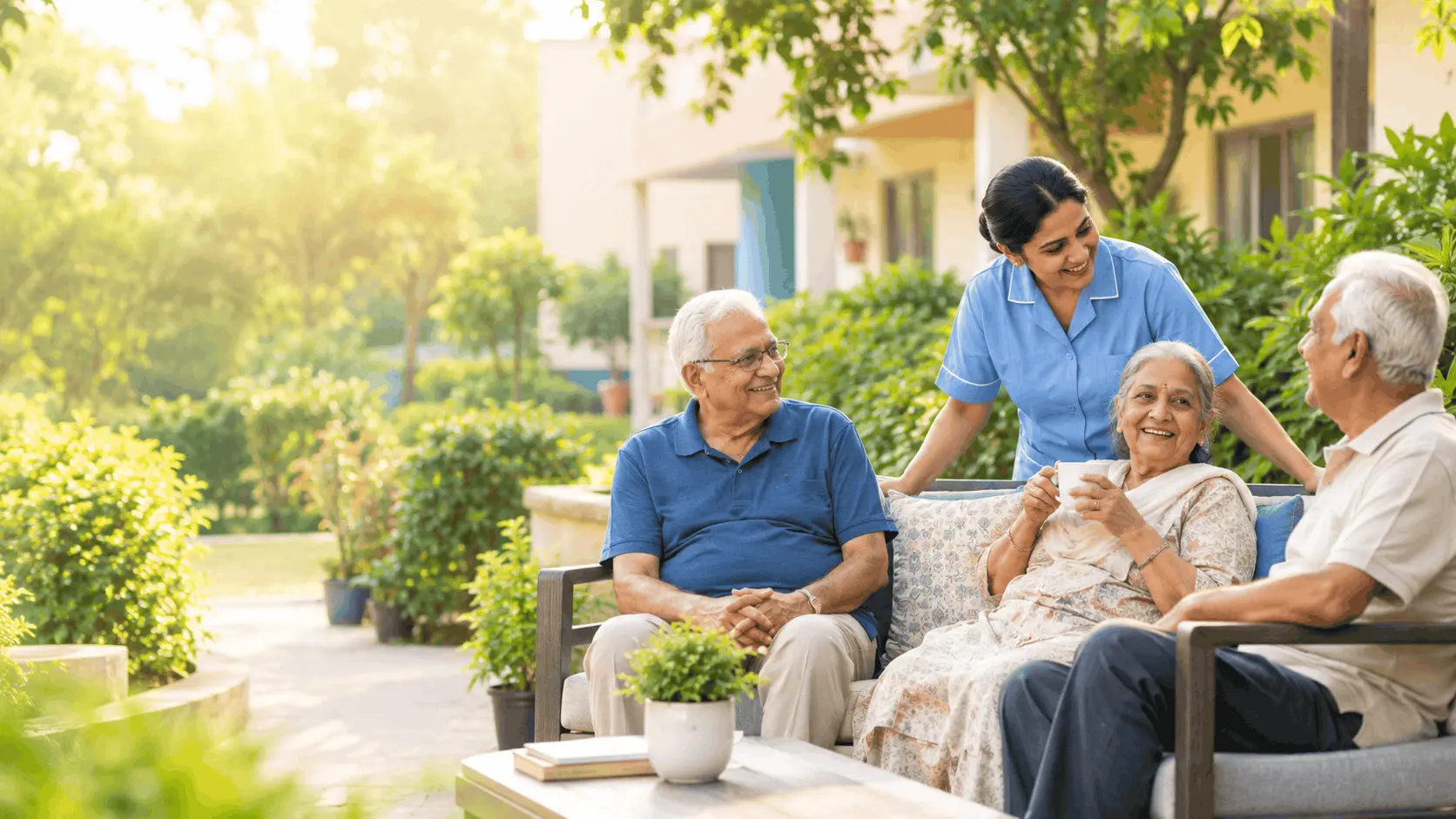 Elderly residents relaxing with a caregiver in the garden of a vridh ashram in Noida